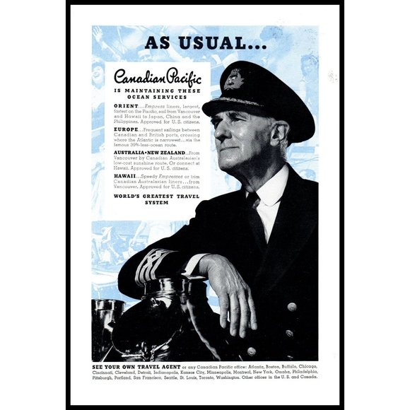 1940 Canadian Pacific Cruise Ship Oceanliner Captain Hat Vintage Print Ad Photo - Picture 1 of 1